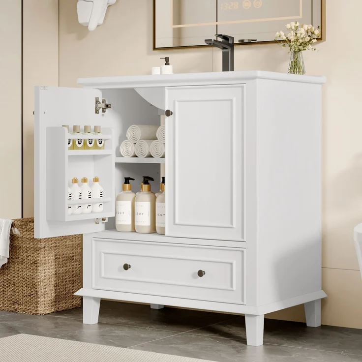 76x46x87cm Bodenstehender Badezimmerschrank mit Waschbeck, Waschtisch,Beine aus Massivholz, Volllackierung, feuchtigkeits- und wasserdicht, großer Stauraum, integriertes Keramikwaschbecken, weiß – Bild 2