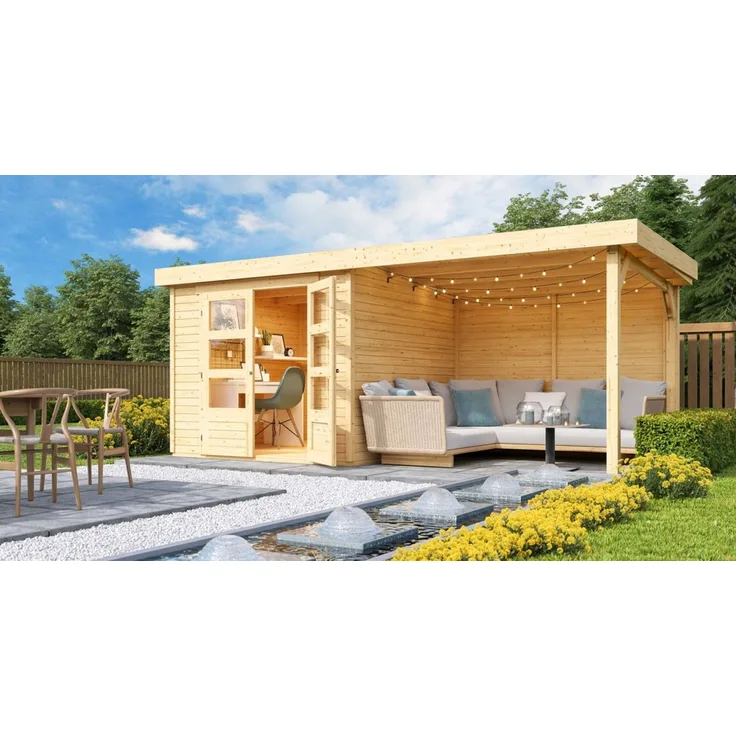 Karibu 19mm Gartenhaus Askola 3,5 mit Anbau 2,80m unbehandelt mit Rückwand