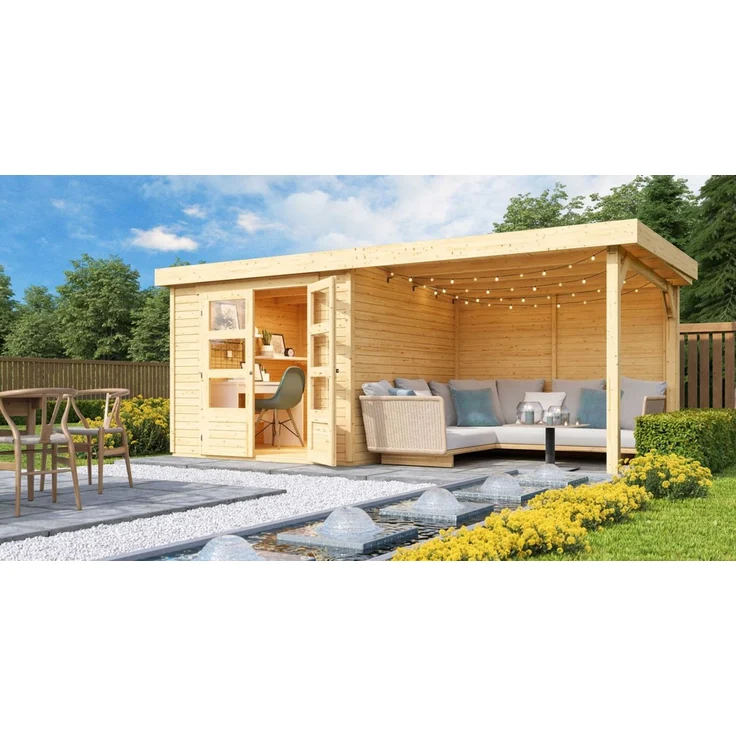 Karibu 19mm Gartenhaus Askola 3,5 mit Anbau 2,80m unbehandelt mit Rückwand – Bild 1