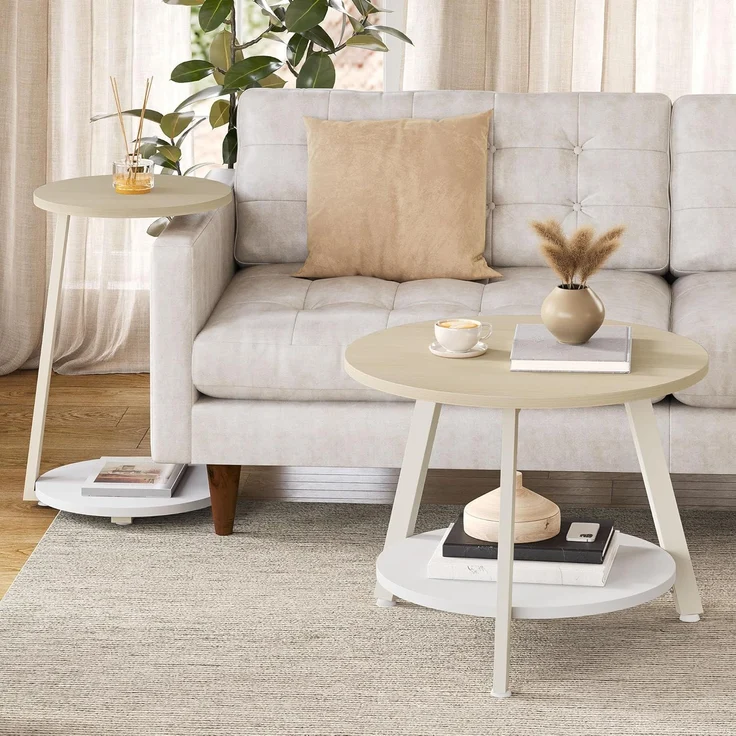 YITAHOME 2er Set Couchtisch Set Rund, Wohnzimmertisch mit Stauraum, Beistelltisch 2er Set Stapelbar mit Holzplatte und Metallrahmen, C-förmiger Beistelltisch, Couch Tisch Wohnzimmer, Eiche – Bild 7