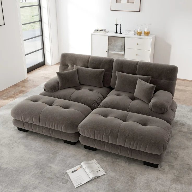 EINHOM Cloud Ecksofa für Wohnzimmer, Chenille Doppelsofa mit 2 Lendenkissen und 2 Dekokissen, Polstersofa mit breiten Armlehnen und 2 Ottomans, Chenille Braun – Bild 3