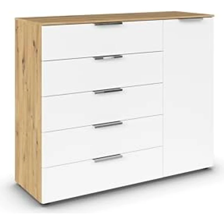 Rauch Möbel Flipp, Kommode für Schlafzimmer, Kinderzimmer, Wohnzimmer, Jugendzimmer, Flur, Garderobe, 1-türig, 5 Schubladen, mit Softclose-Funktion, Farbe Eiche Artisan, Holz/Weiß, Breite 120 cm – Bild 2