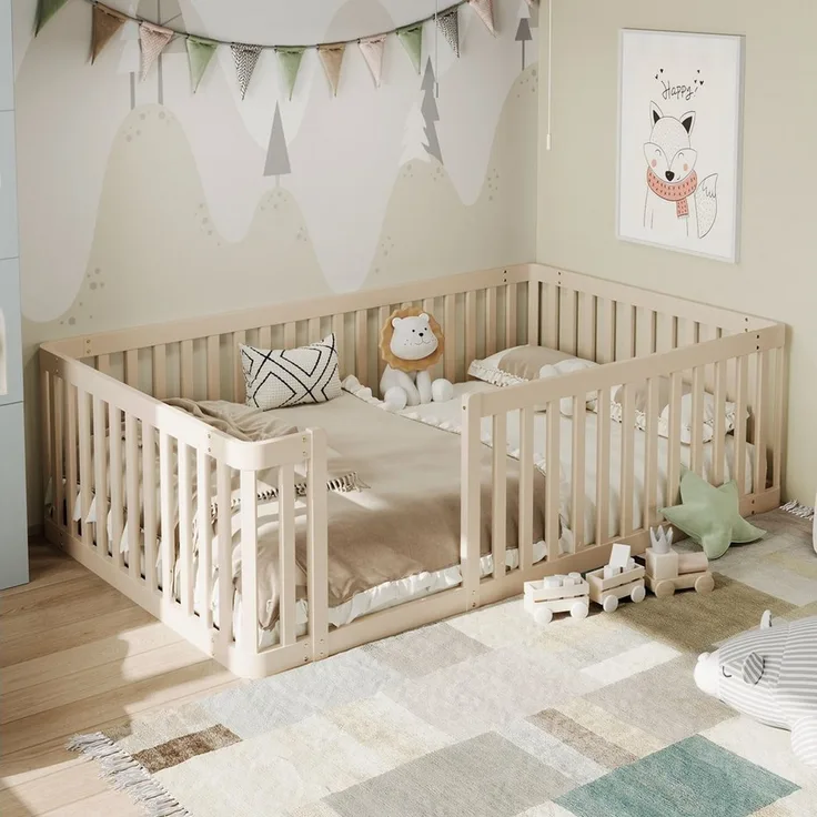 Flieks Kinderbett, Massivholzbett Bodenbett 90x200 cm mit Zaun ohne Lattenrost
