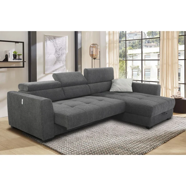 Ecksofa elektrisch ausfahrbar verstellbar Couch Kopflehne Bettkasten Dunkelgrau – Bild 4