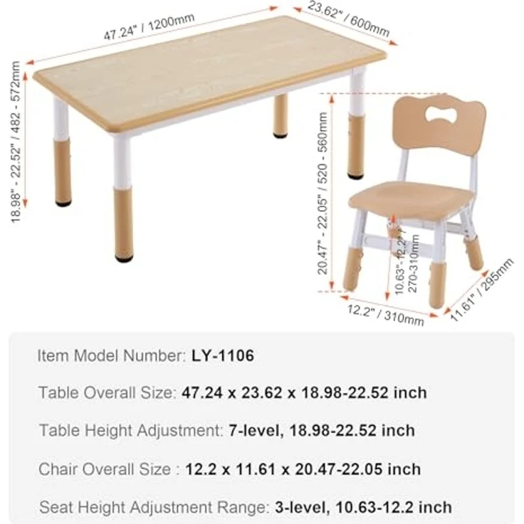 VEVOR Kindersitzgruppe Kindertisch, 4 Kinderstühle 1 Tisch Kindersitzgruppe aus PP, Kindertisch-Set Einstellbar 48,2-57,2 cm / 27-31 cm für Kinder, Mädchen, Spielzimmer Stabiles Kindermöbelset – Bild 7