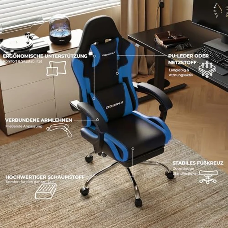 Dowinx Gaming Stuhl, Ergonomischer Gamer Stuhl für Büro und Home Office, Verstellbarer Bürostuhl mit Rückenlehne bis 150°, mit Fußstütze, Belastbar bis 180 kg, Blau – Bild 6