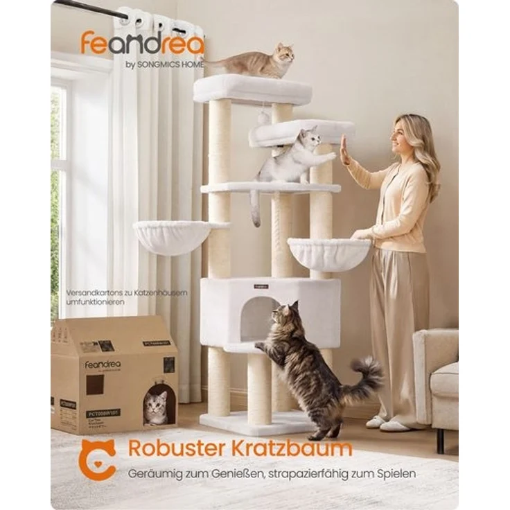 FEANDREA Kratzbaum, mehrstöckiger Katzenbaum, dicke Sisalstämme, für große Katzen, Katzenkratzbaum, weiß – Bild 3