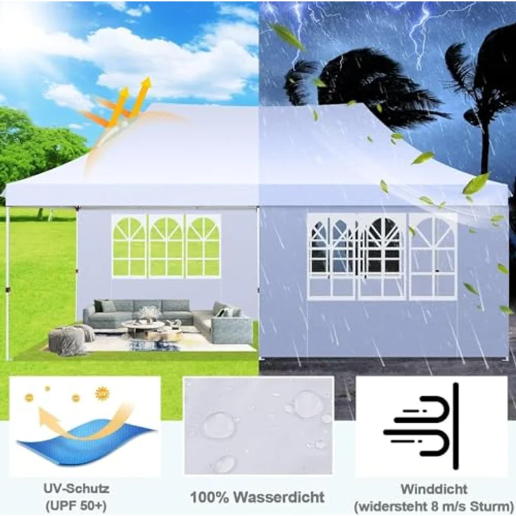 COBIZI Faltpavillon 3X6, Pavillon 3x6 m Wasserdicht Stabil Winterfest, Faltbar Partyzelt mit 6 Seitenwänden & 4 Sandsack Pop up Gartenpavillon Anti-UV für Hochzeiten, Freien, Weiß – Bild 6