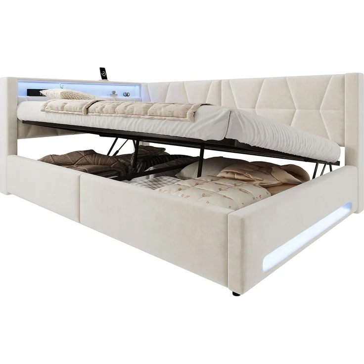 TavilaEcon Polsterbett Samtbett mit LED-Beleuchtung an Kopf- und Fußteil, USB & Type-C beige Liegefläche 140 × 200 cm – Bild 10