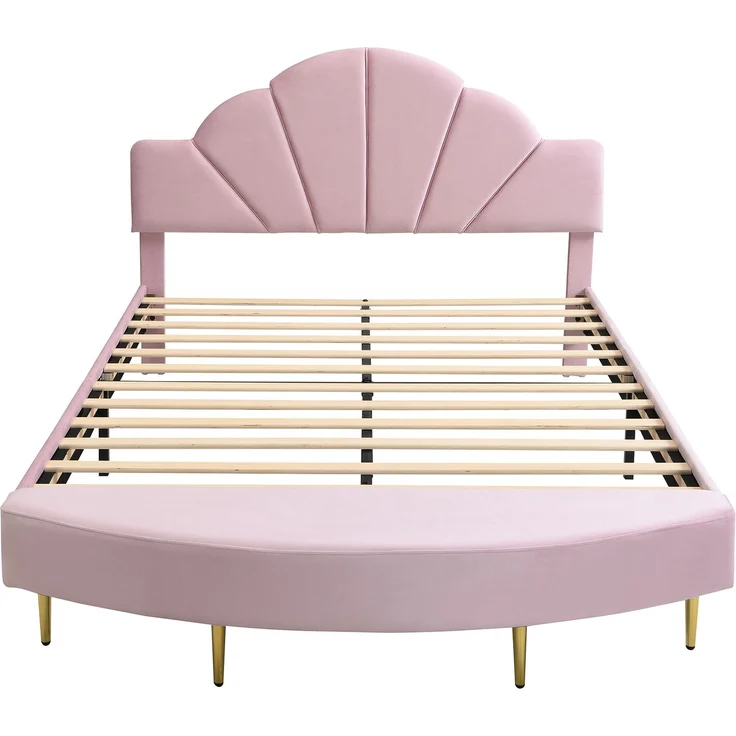 Merax Polsterbett, 140x200cm Doppelbett Samtkopfteil, Mit einer Bettbank in gleicher Farbe, Weiche Antikollisions-Schwammkante, Stabiler Bettrahmen, Rosa – Bild 9