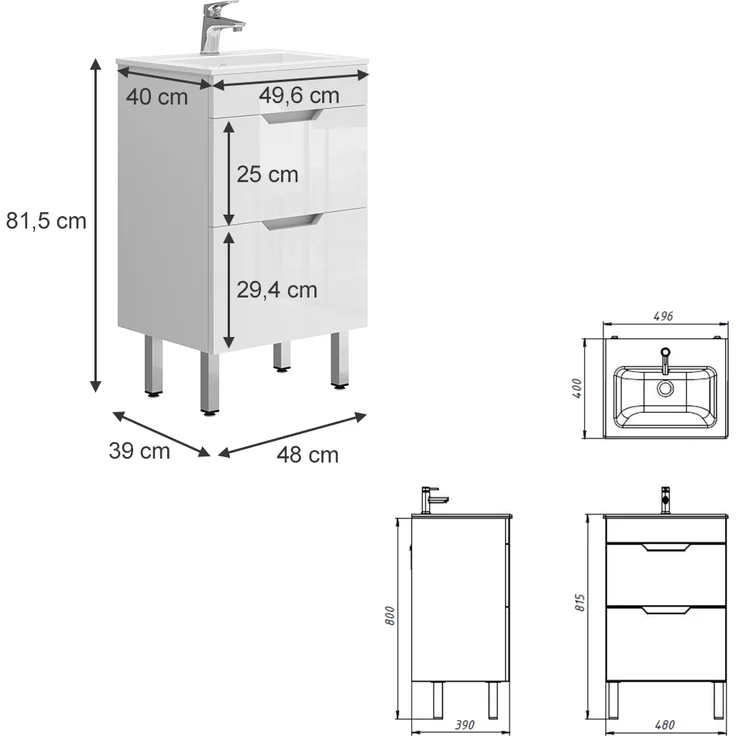 Waschbeckenunterschrank Clayton Weiß 2 Teile, mit Waschbecken und 2 Schubladen Vicco – Bild 3