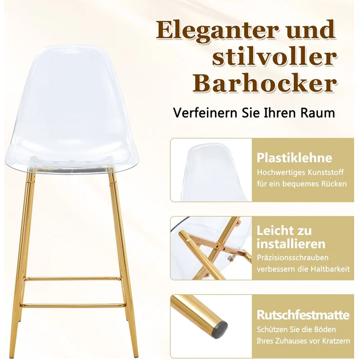 Transparente Barhocker Set, 2er Pack, mit Metallgestell in Silber/Gold/Schwarz, Moderne Design-Stühle für Küche, Bar oder Esszimmer (Nur Stühle, ohne Tisch)--Gold2--51x45x102cm--YOUDENOVA – Bild 6
