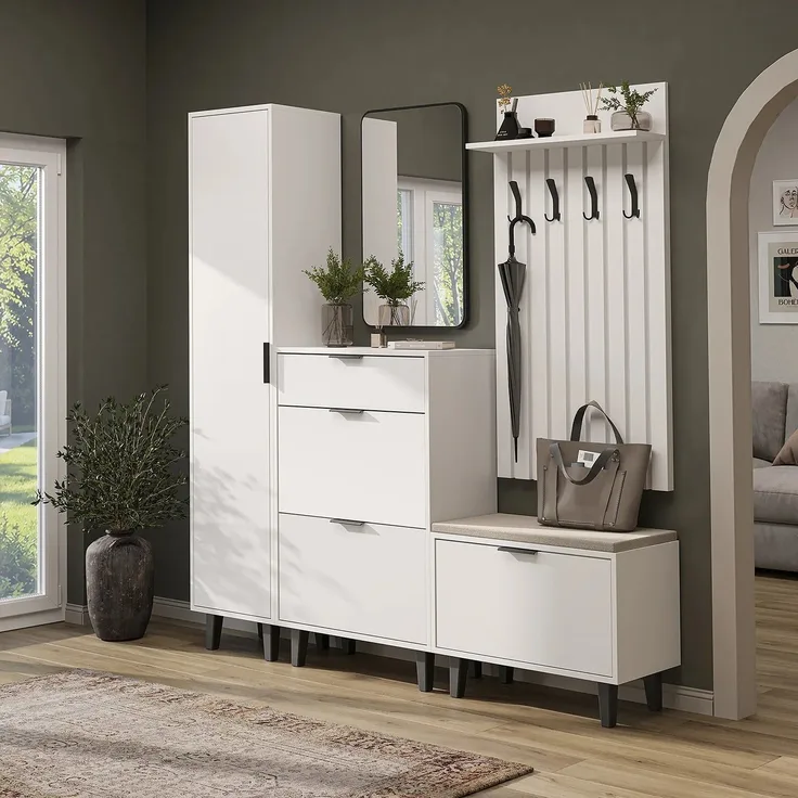 Roomart NORD Garderobenset 5-teilig – Hochschrank, Schuhschrank, Sitzbank, Garderobenpaneel & Spiegel – Flurgarderobe – H 199 x B 45 x T 35 cm (Hochschrank) • Weiß