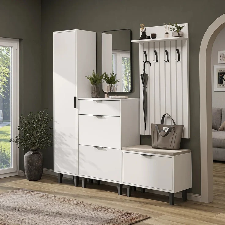 Roomart NORD Garderobenset 5-teilig – Hochschrank, Schuhschrank, Sitzbank, Garderobenpaneel & Spiegel – Flurgarderobe – H 199 x B 45 x T 35 cm (Hochschrank) • Weiß – Bild 1