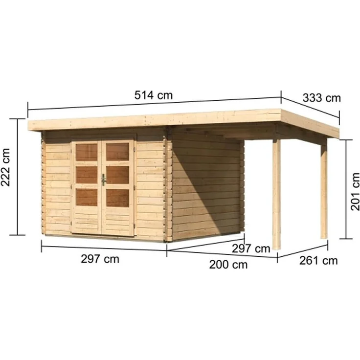 Gartenhaus Bastrup 5 - 480x297 cm mit Anbaudach 2,00 m mit Seiten- und Rückwand, 28 mm Holz naturbelassen, Karibu – Bild 3