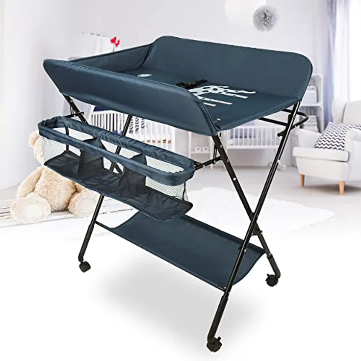 Wickeltisch Klappbarer und tragbarer, Wickelkommode Baby mit Motiv Giraffe, Höhenverstellbar, Wickeltisch mit Rollen Mobiler Wickeltisch, Tragbar Wickeltisch,80 * 66 * 98cm (dunkelblau) – Bild 9