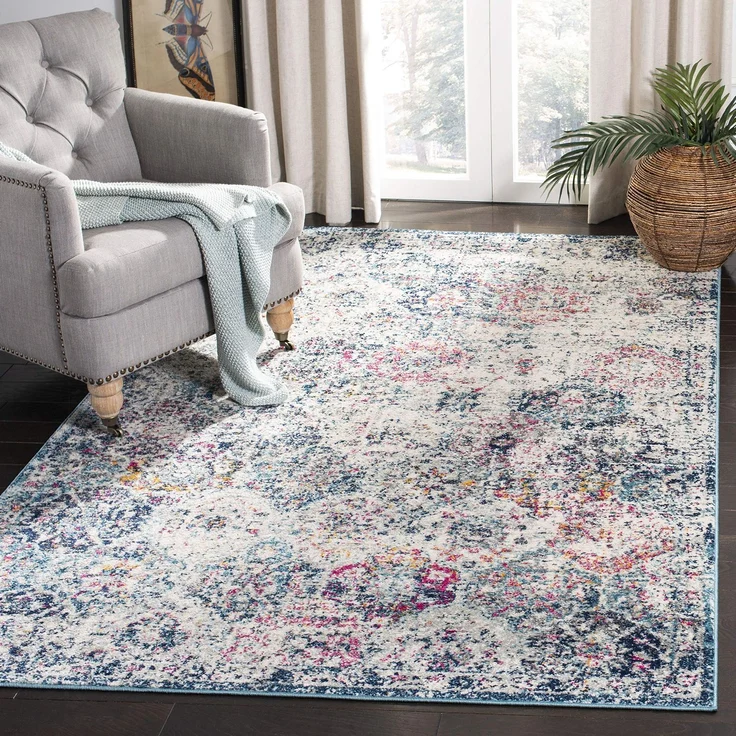 SAFAVIEH Distressed Teppich für Wohnzimmer, Esszimmer, Schlafzimmer - Madison Collection, Kurzer Flor, Marineblau und Blaugrün, 122 X 183 cm