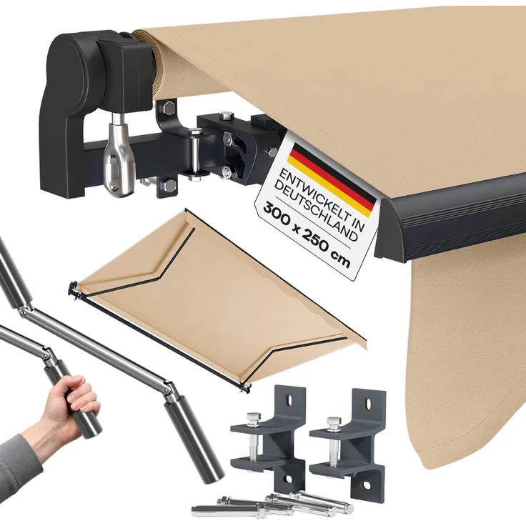 STEELSØN 'Kestria' Gelenkarmmarkise 300x250 cm, beige, wetterfest und blickdicht, Markise mit Aluminium-Kassette und Wandhalterung, Balkonmarkise mit Handkurbel