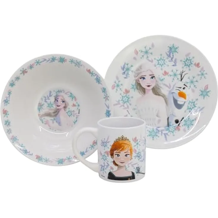 Disney Frozen Kindergeschirr-Set Keramik 3 teilig Teller Schüssel Becher in Geschenkbox (3-tlg), 1 Personen, Keramik, 3 Teilig
