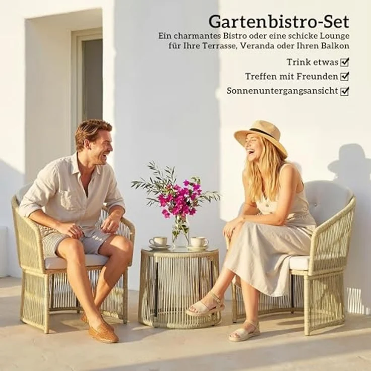 Outsunny Sitzgruppe Rattan-Bistro-Set, (Set, 3-tlg, 1 Tisch, 2 Sessel), Rattan-Bistro-Set mit Kissen – Bild 3