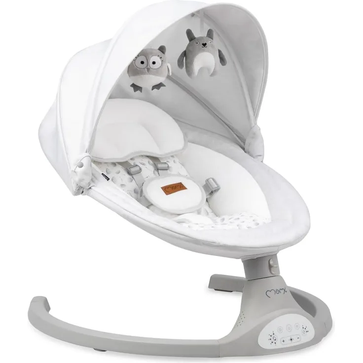 MoMi LAMI Babywippe für Kinder bis 9 kg, klappbar, mit Fernbedienung & Bluetooth zum Verbinden mit Smartphone, Batterie- oder Stromanschluss, mit 5-Punkt-Sicherheitsgurt, Sonnenschutz, Insektennetz