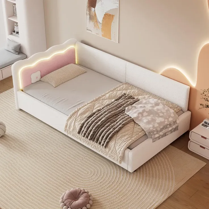 Schlafsofa mit LED-Beleuchtung und Lattenrost, 90x200 cm, Polsterbett, Einzelbett, Jugendbett, Vlies