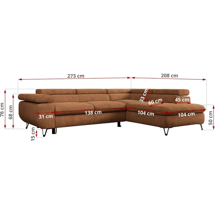 Mks Möbel 'Peter L-form' Ecksofa mit Bettfunktion, Bettkasten & einstellbaren Kopfstützen, Orange, Stoff, mit Topper, links – Bild 7