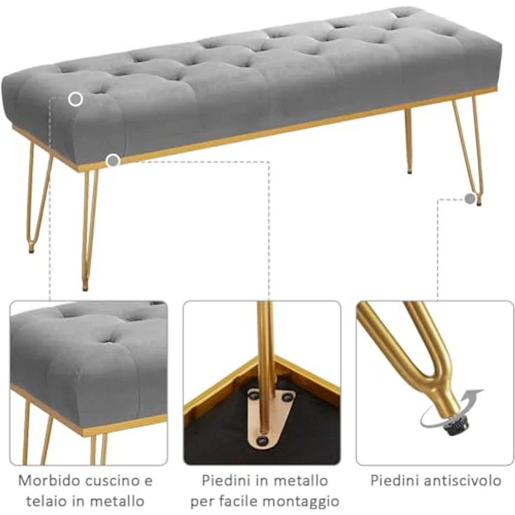 Shally Dogan Sitzbank aus Stoff, Sitzbank für Schlafzimmer, Ottomane mit hochdichter Polsterung, Mehrzweck-Eingangsbereich, ideal für Schlafzimmer, Wohnzimmer, Grau – Bild 5