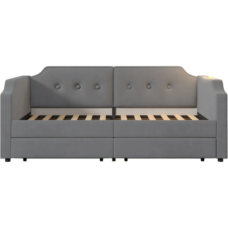 Merax Polsterbett mit 2 Schubladen, Leselicht & Ladefunktion, Samt grau, 90x200 cm – Bild 9