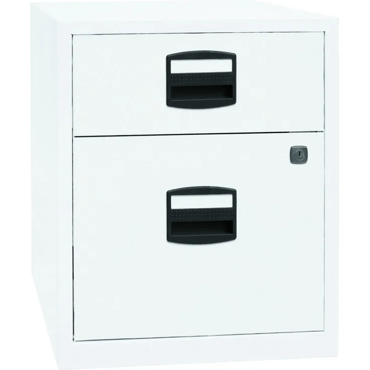 Bisley Home Beistellschrank auf Rollen mit Schloss aus Stahlblech, 1 Universal-Schublade + 1 Hängeregistratur-Schub einbahnig abschließbar - für Hängemappen & Büromaterial - Farbe: weiß, PFAM1S1F-696