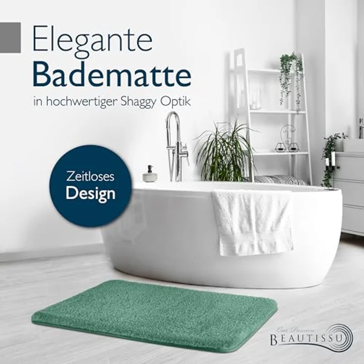 Beautissu Badematte rutschfest BeauMare FL, Hochflor 30 mm, 60x50 cm, mintgrün, waschbar, Shaggy-Teppich – Bild 2