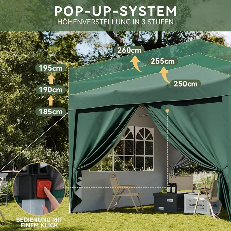 Aoxun Pop Up Pavillon 3x3 Wasserdicht mit 4 Seitenwänden, Metallrahmen-Schutzzelt, Höhe Verstellbar, 3mx3m Faltpavillon mit Tragetasche für Camping Party, Grün – Bild 6