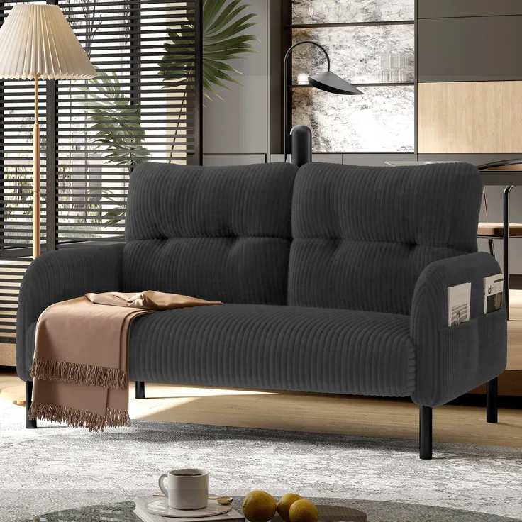 LVHOM 2-Sitzer Sofa mit Metallsockel, Doppelsofa Cordstoff mit Seitentaschen, Polstersofa Stoffsofa Sitzmöbel Loungesofa, 120x79x75cm