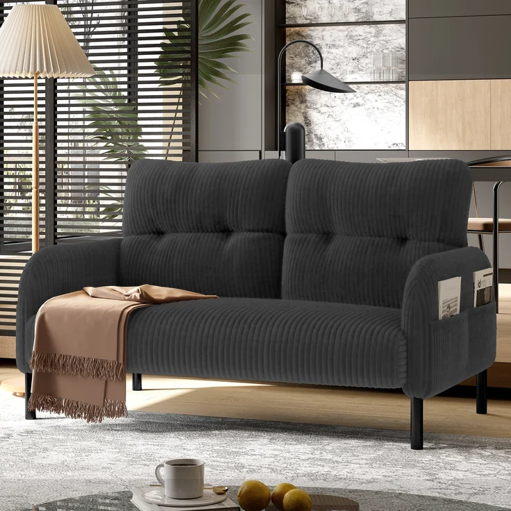 LVHOM 2-Sitzer Sofa mit Metallsockel, Doppelsofa Cordstoff mit Seitentaschen, Polstersofa Stoffsofa Sitzmöbel Loungesofa, 120x79x75cm – Bild 1