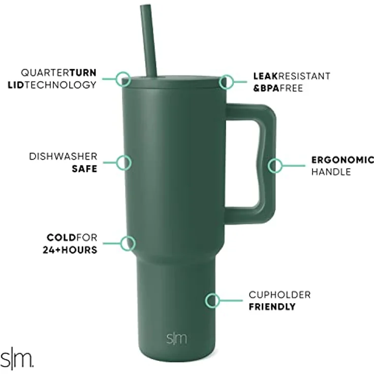 Simple Modern Thermobecher mit Strohhalm und Griff | Isolierter Edelstahl-Trinkbecher Eiskaffee-Reisebecher | Geschenke für Frauen und Männer | Trek | 1180ml | Forest – Bild 2