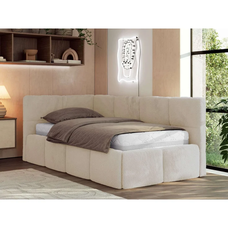 Jugendbett 90x200 ARVO Polsterbett mit Bettkasten, Stauraum & Gasdruckfeder, Modernes Design mit Kopfteil, Pocket Matratze - Creme Plüsch - VIRE LUX - Links Seite – Bild 1