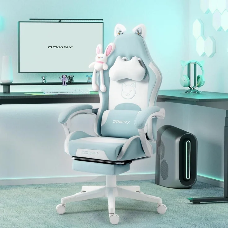 Dowinx Gaming Stuhl Katze Edition Ergonomischer Computerstuhl PU-Leder Blau – Bild 2