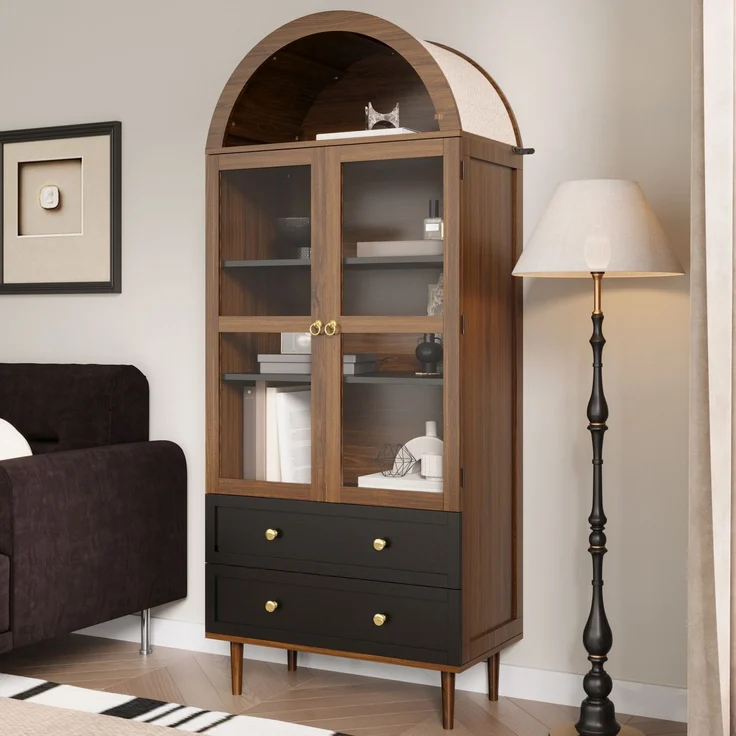 Kommode Aufbewahrungsschrank mit verstellbaren Einlegeböden,Moderner Retro-Aufbewahrungsschrank aus gewölbtem Glas,Verstellbare Regale,Luxuriöses Sideboard--Nussbaum--70x38x168cm--YOUDENOVA – Bild 10