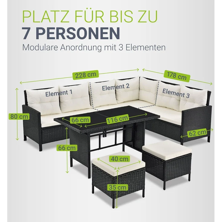 Juskys 'Manacor' Lounge mit Sofa, Tisch, 2 Hocker & Kissen, Polyrattan schwarz-creme, 7 Personen – Bild 4