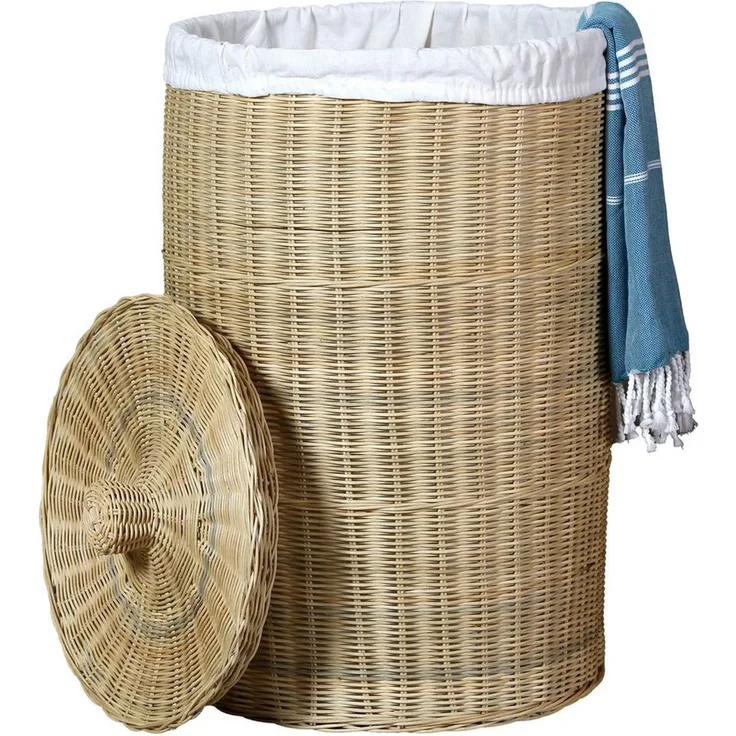 Casa Moro Wäschekorb aus Rattan mit Deckel, Natur, 75 L (1 St, Ø 40 cm, Höhe ohne Deckel 60 cm), Baumwollbeutel herausnehmbar und bei 30 °C waschbar