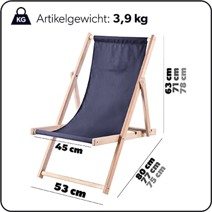 Kadax Holzliegestuhl, Dunkelblau, klappbar, Buchenholz, 53x78 cm, für bis zu 120 kg, UV- und feuchtigkeitsresistent, modernes Design – Bild 2