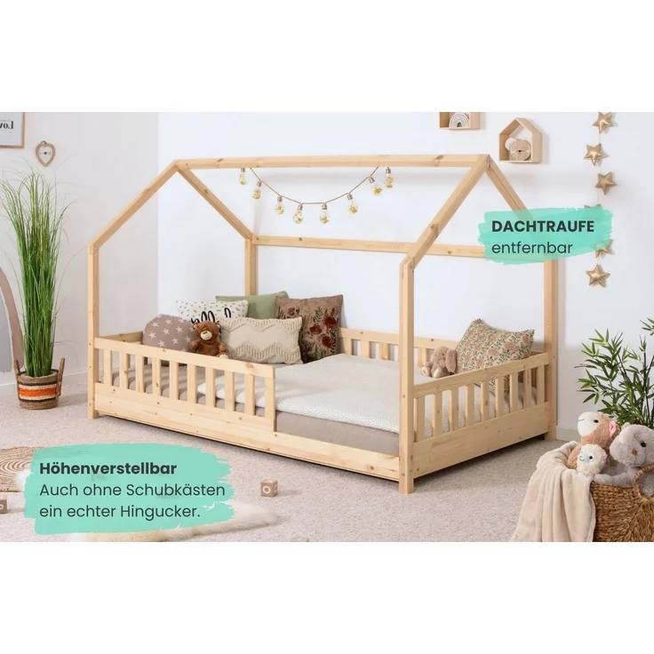 Ticaa Hausbett Kay mit Rausfallschutz und Schubkasten aus Kiefer, Kinderbett 140x200, inkl. Dach, mit Rollrost – Bild 3