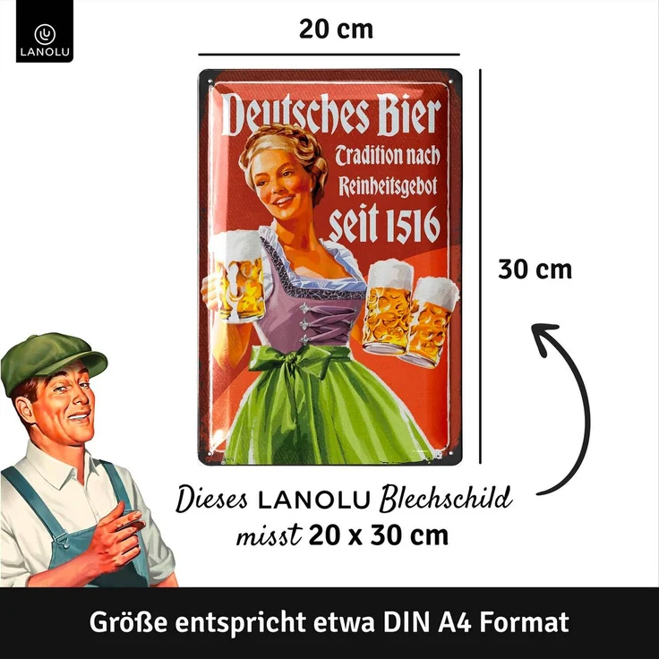 LANOLU Blechschild Deutsches Bier - 20x30cm – Metall – Mehrfarbig – 20249 – Bild 4