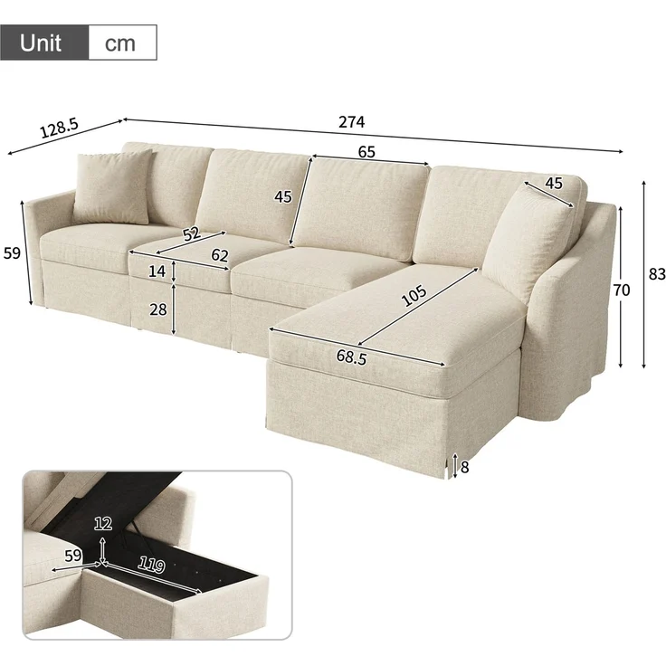 DESVIAE Sofa L-Form Beige aus Leinenoptik – 274x83x128,5 cm – Stauraum, abnehmbare Bezüge – Bild 10