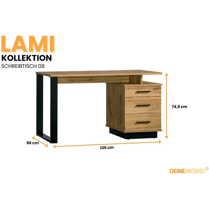 Deine Möbel 24 Schreibtisch LAMI 8 Kinderschreibtisch 135 cm mit 3 Schubladen & 2 Fächern (Stil: Loft / Industrial / Scandi, 1-St, LAMI - Kollektion), Bürotisch in Wotan Eiche & Schwarz Matt mit Metallgestell