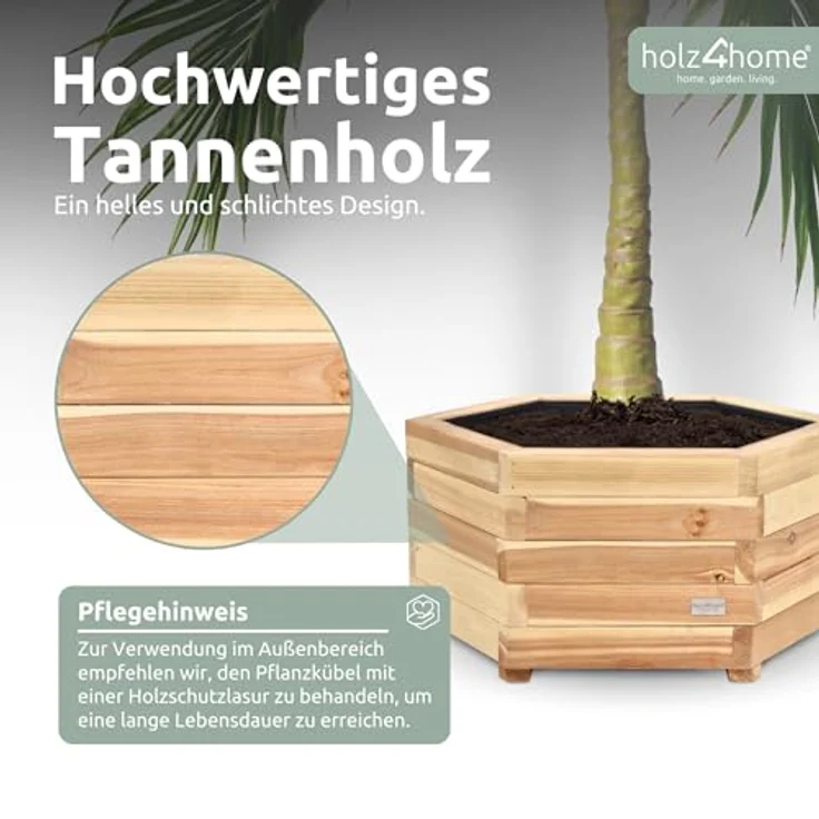holz4home® Pflanzkübel 6-eckig aus Tannenholz I Outdoor Blumenkübel für Garten Balkon, inkl. Gartenhandschuhe & Vlies – Bild 4