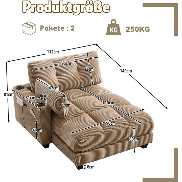 LVHOM Polsterliege Ottomane/Loungesofa/Polsterbett/Daybett/Gästebetten/Schlafsofa (USB/Typ C-Ladeanschlüssen, Seitentaschen, Getränkehalter, modularer Flexibilität Palmen Sessel, links & rechts tauschbare Armlehnen, Schlaffunktion, Platzsparend, 1-St, ... – Bild 2