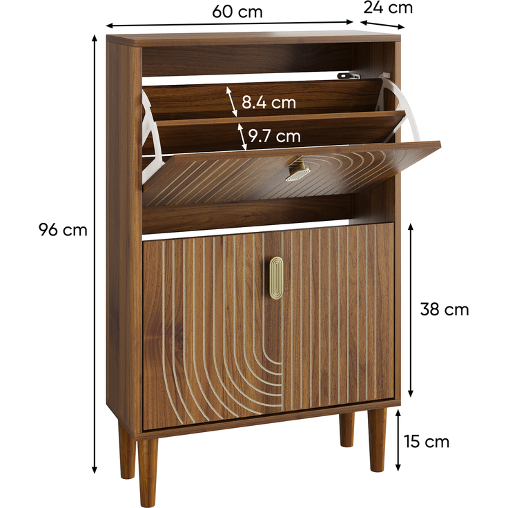 Schuhschrank, 60 cm breit, aus MDF und Spanplatte in Walnussfarbe, mit Rillendesign – Bild 4