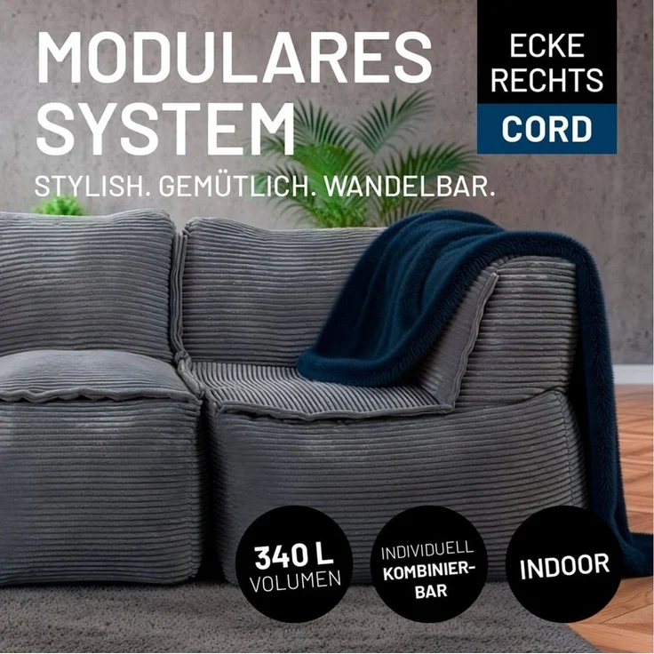 Lumaland Modulares Eckteil rechts - Cord-Reihe | Indoor Sitzsack mit Softer Struktur, ideal Sofa Modulen & zum Pouf | Bean Bag mit Füllung - für Wohnzimmer & Co. - 81 x 81 x 70 cm – Bild 4