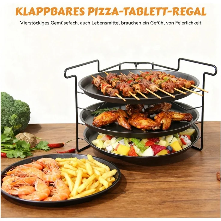 BlingBin Pizzablech Pizzapfannen, Pizza Backset, Pizzabackblech Mit Standhalterung, Kohlenstoffstahl, (4er Set, 4-St, 4 Stück), Pizzagestell für Backofen, 4 Pizzen Gleichzeitig Backen, ø28 cm – Bild 1